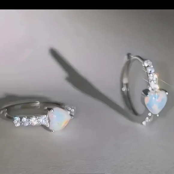Heart Shaped Simulated Opal & Cubic Zirconia Hoop Lightweight, Dainty Earrings - Picture 3 of 7